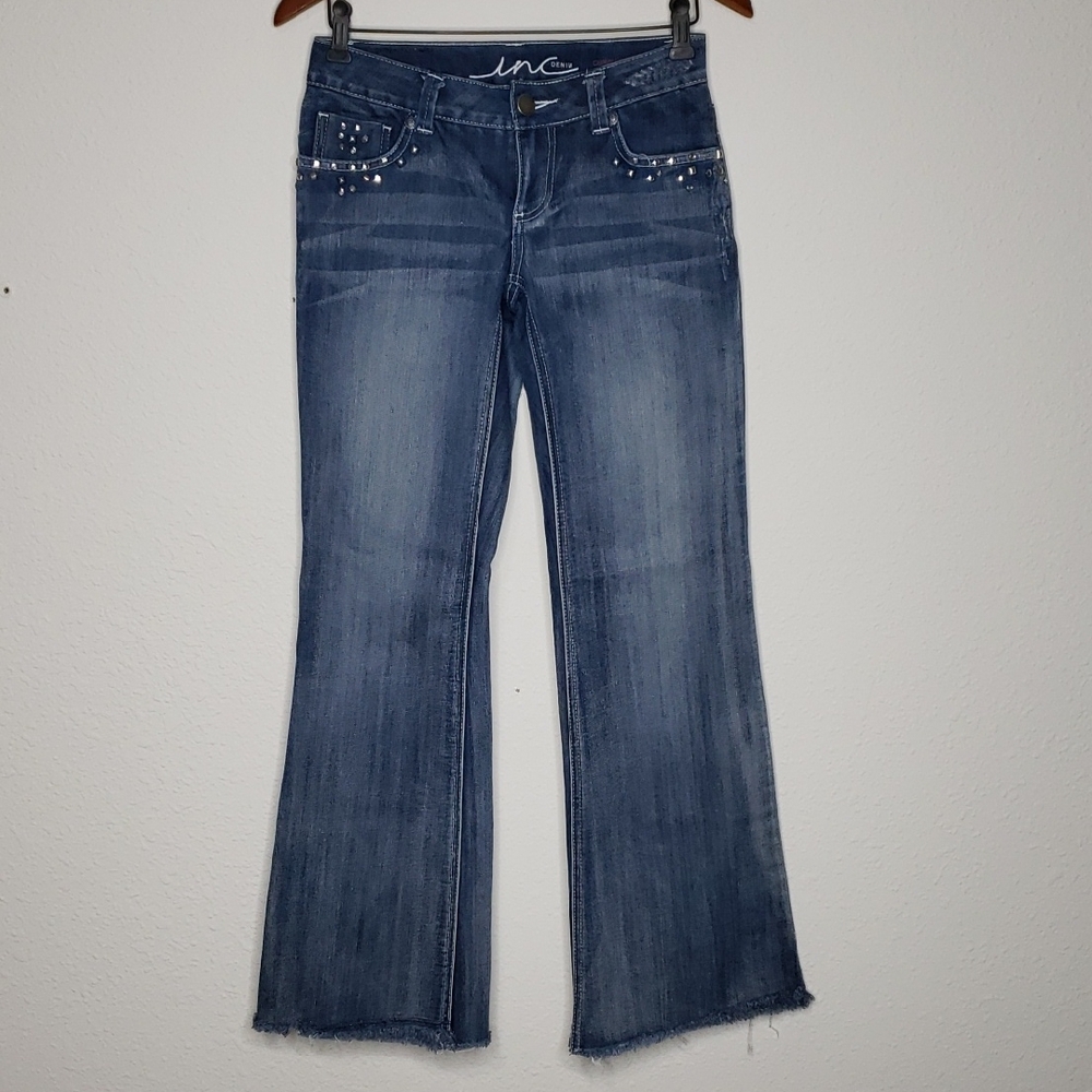 INC Denim Womens Curvy Fit Boot Leg Jeans Embellished Size 0 Hippie Boot Cut